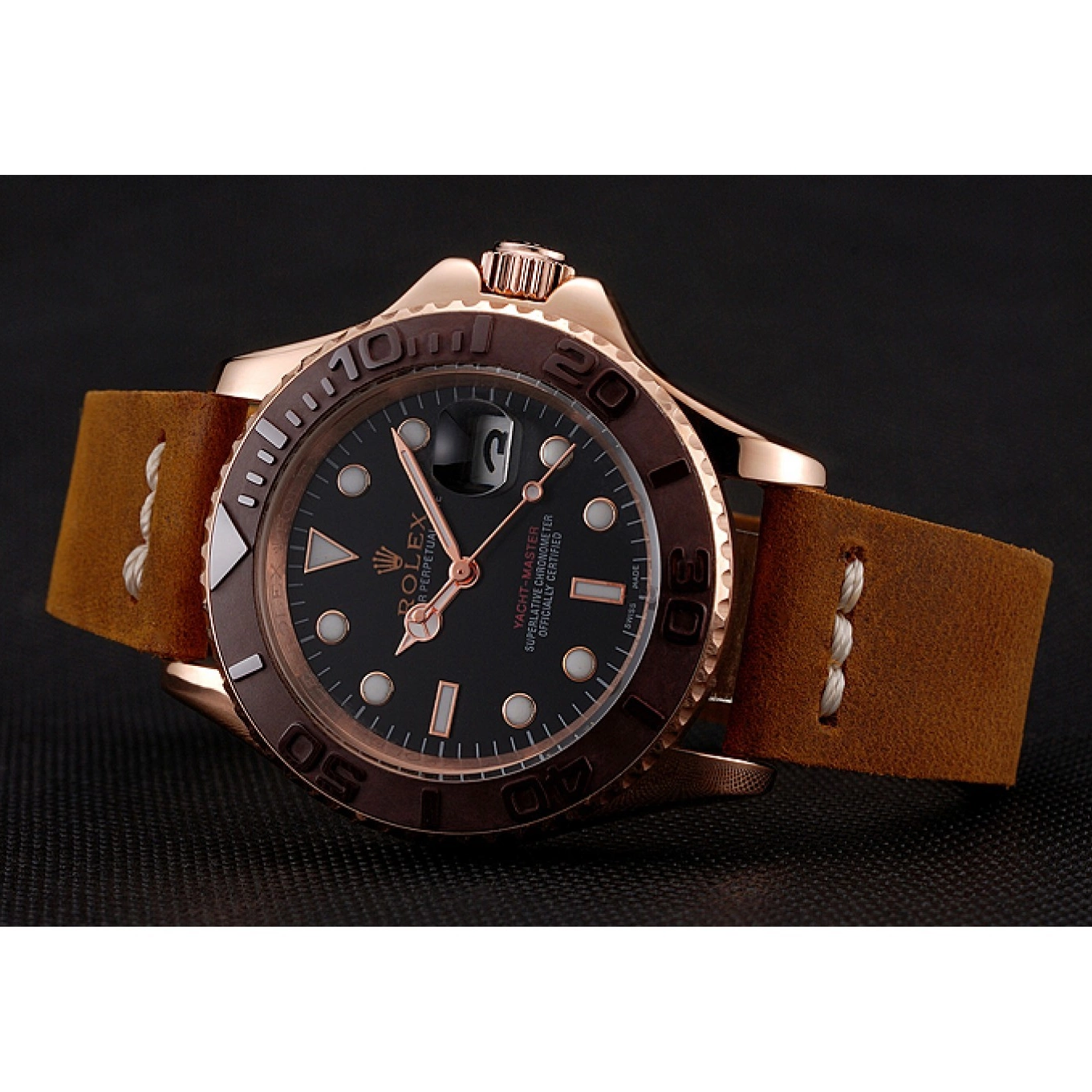 AAA Replica Watches Black Bracelet Rose Yacht Brown Brown Case Leather 1453860 Dial Rolex Gold Bezel Master 0601